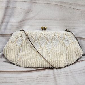 Josef Vintage Beaded Evening Bag Purse Gold White Kiss Lock Hand Beaded France